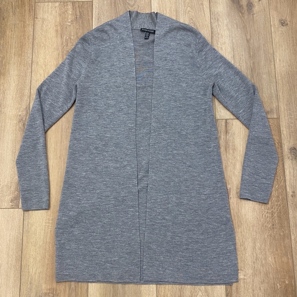 🌟EILEEN FISHER🌟 OPEN FRONT MERINO WOOL LONG CARDIGAN HEATHER GREY SZ XXS